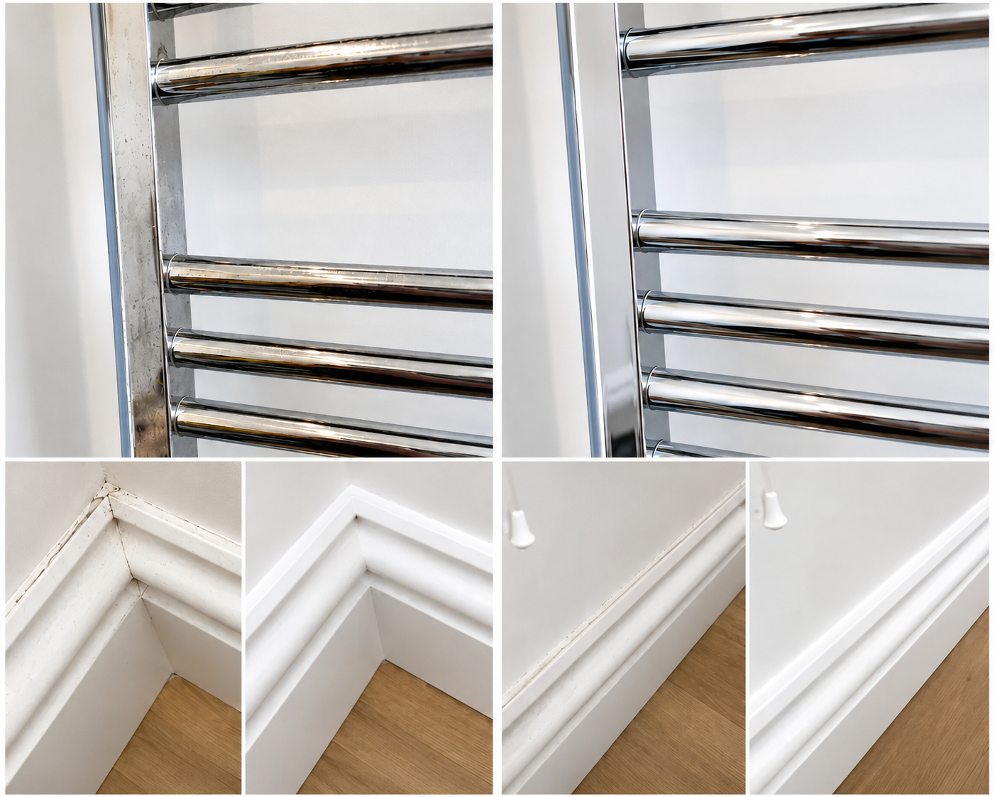 Chrome, skirting board and corner cleaning before and after